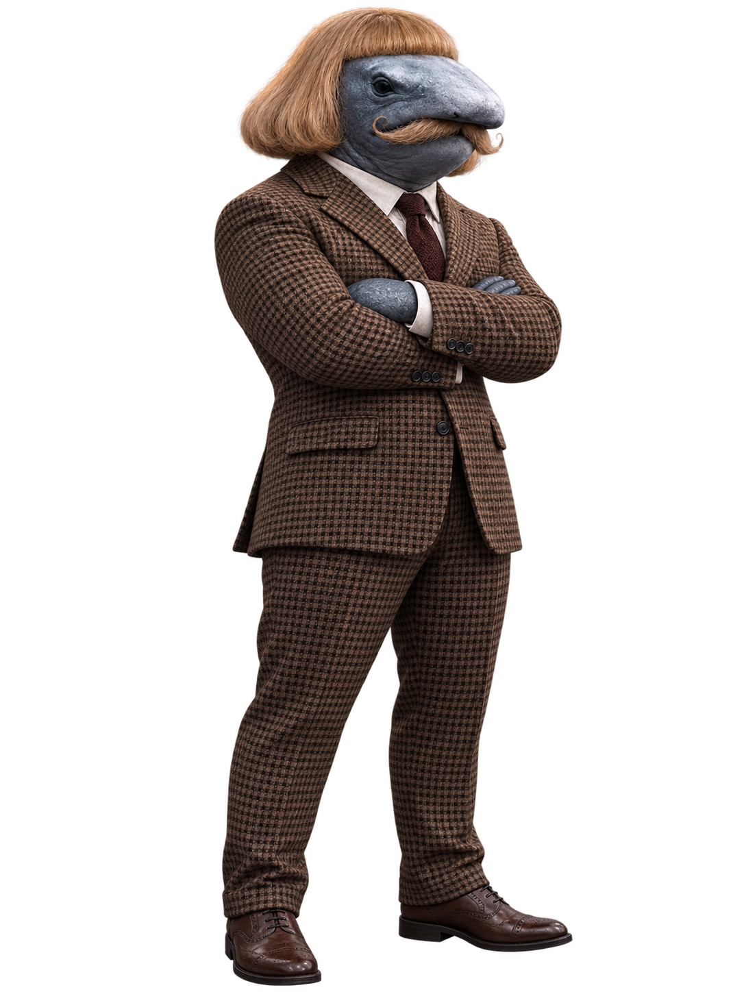 TheWhiteJeanphil standing with folded arms in a checked suit